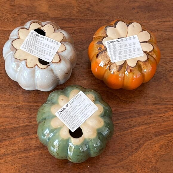 Harvest Treasures Porcelain Candle Holder Set 3 Pumpkins w/ Fall Phrases Decor - Picture 7 of 11